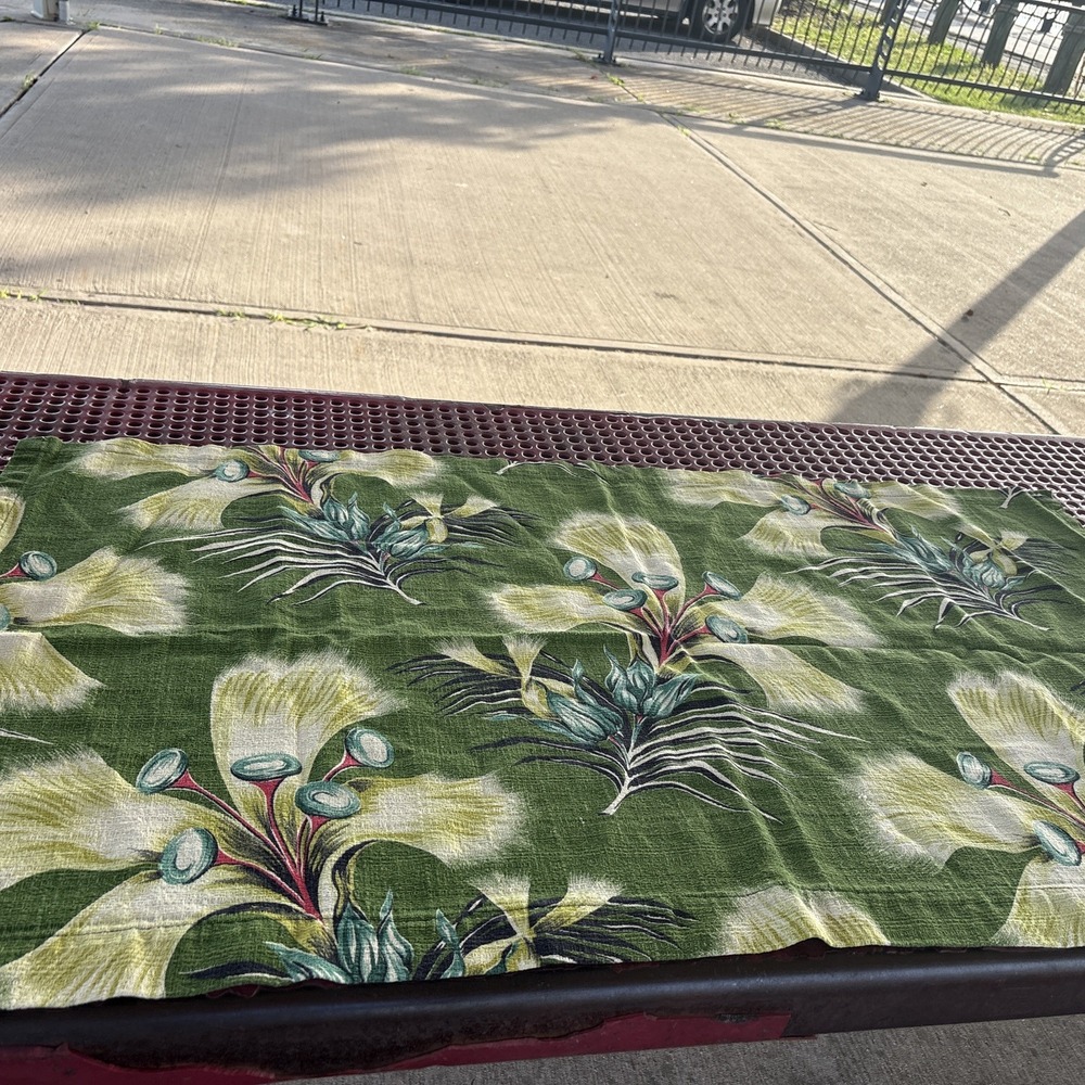 Art Deco 1930s-50s Green Floral Barkcloth Curtain Panel 4 Pieces